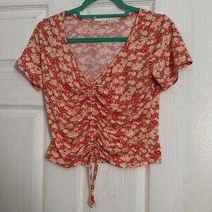 Floral V-Neck Ruched Blouse - Pink and Orange
